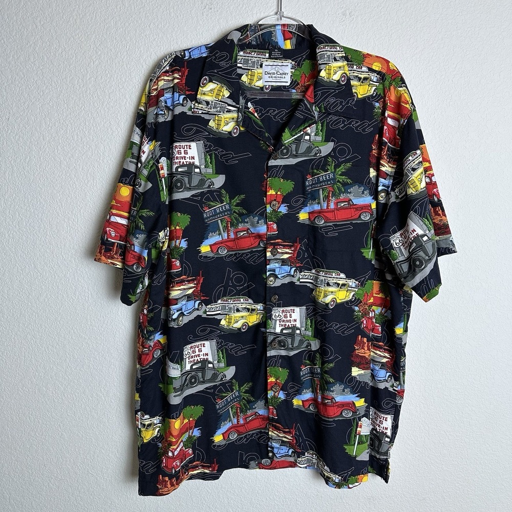 Vintage David Carey Camp Shirt Men Large Ford V8‎ Route 66 Classic Cars Hawaiian - Picture 2 of 11